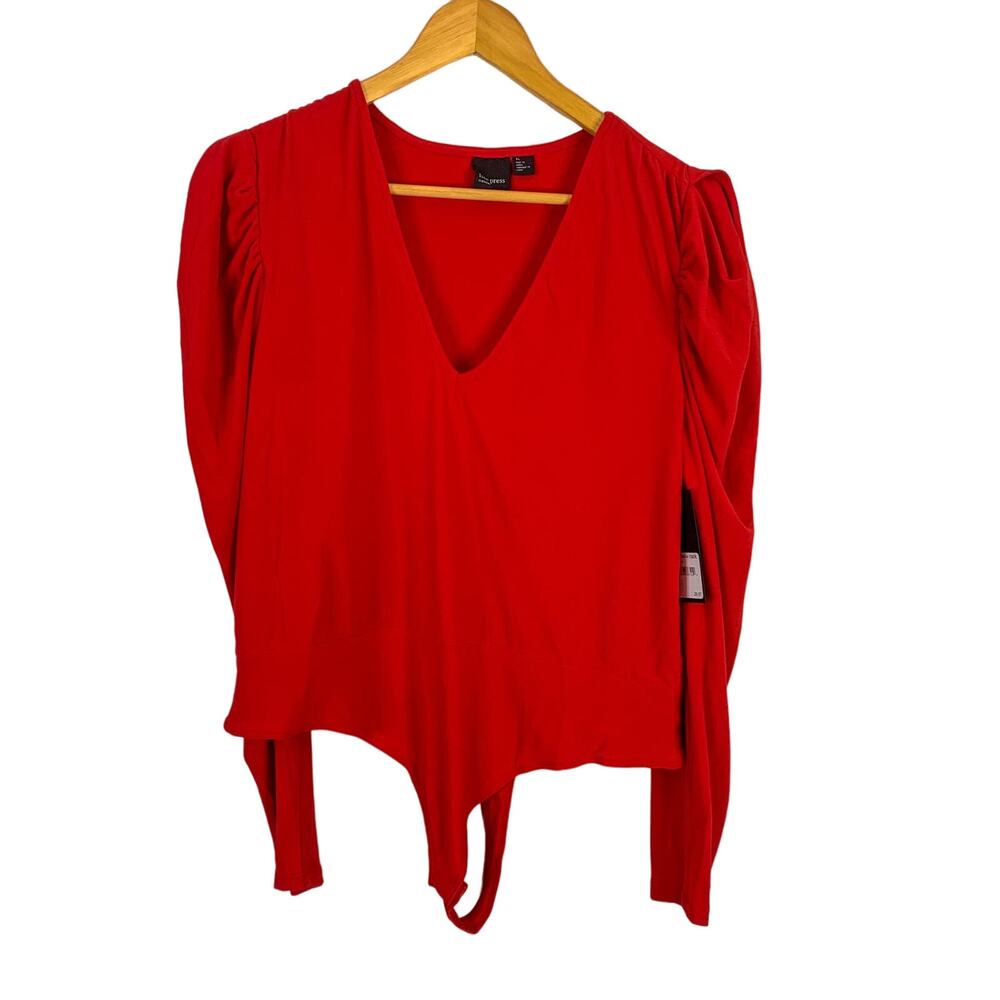Free Press Red Long Sleeve V-Neck Bodysuit
